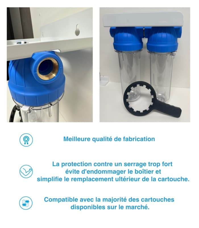 Système de filtre à eau double pour toute la maison, boîtiers standard  transparents, bouton de décharge presse, port d'entrée/sortie en laiton de  1,9