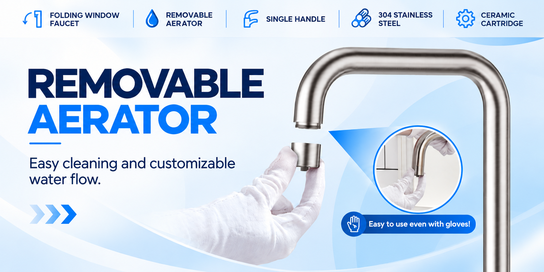Removable aerator on the fold-down 3-way kitchen tap