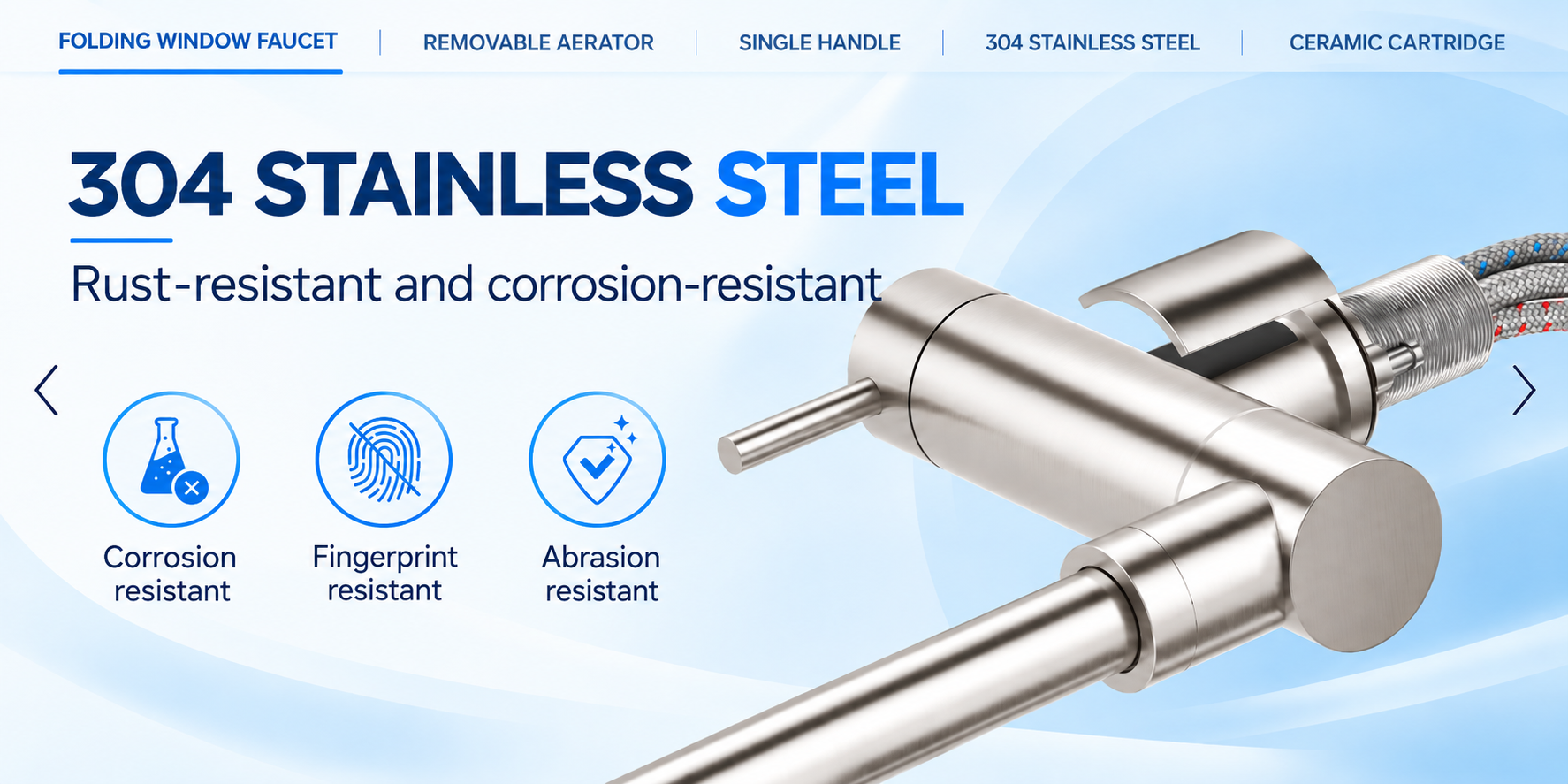 3-way kitchen tap in brushed 304 stainless steel
