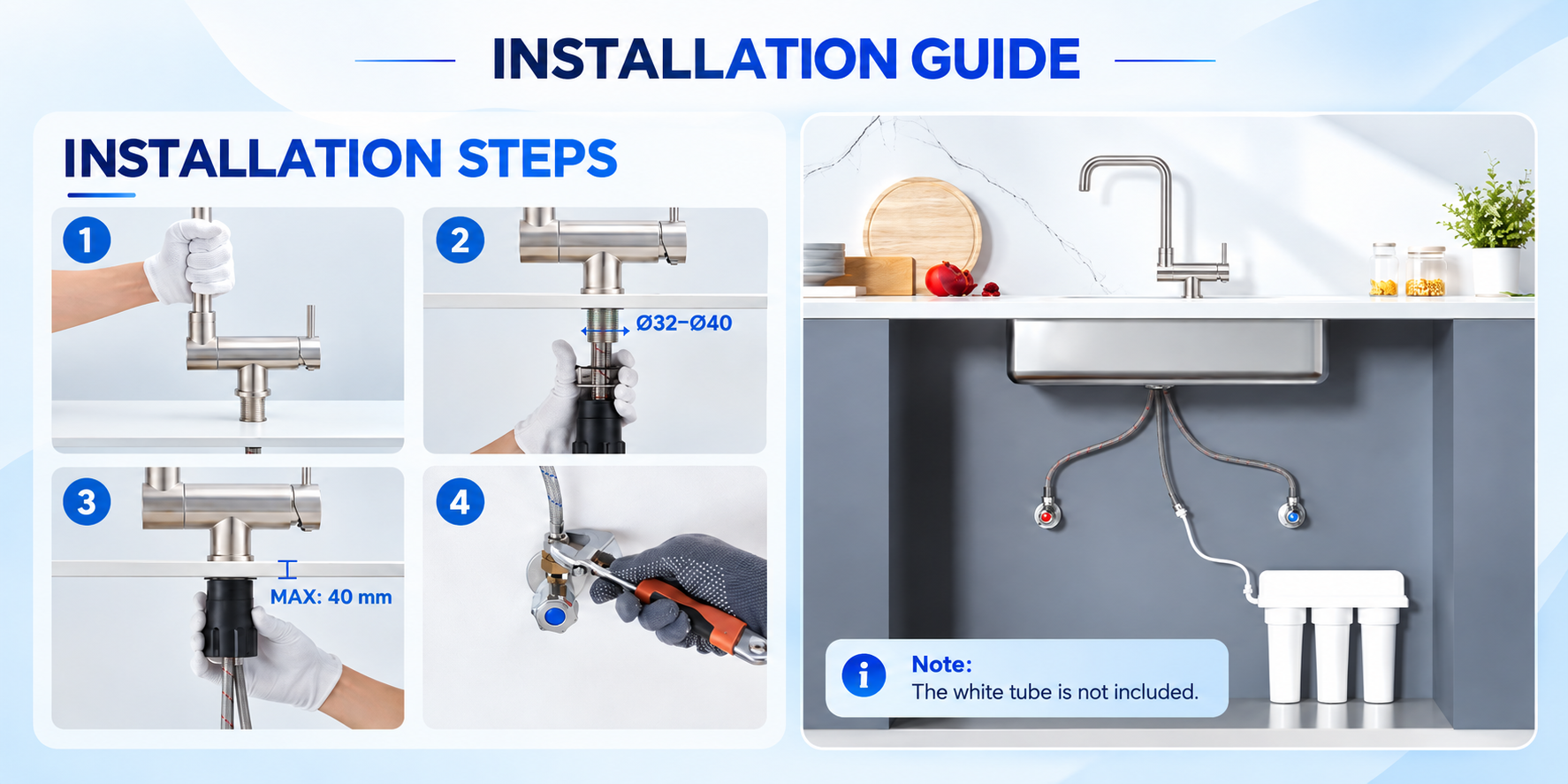 Installation guide for the fold-down 3-way kitchen tap