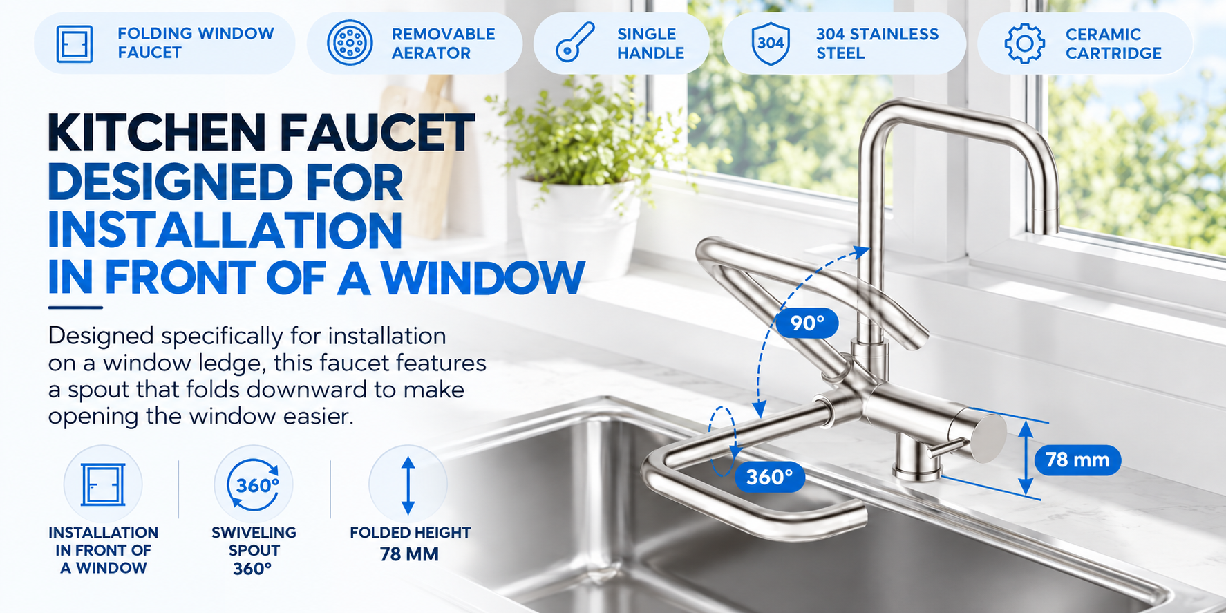 Fold-down 3-way kitchen tap installed in front of a window