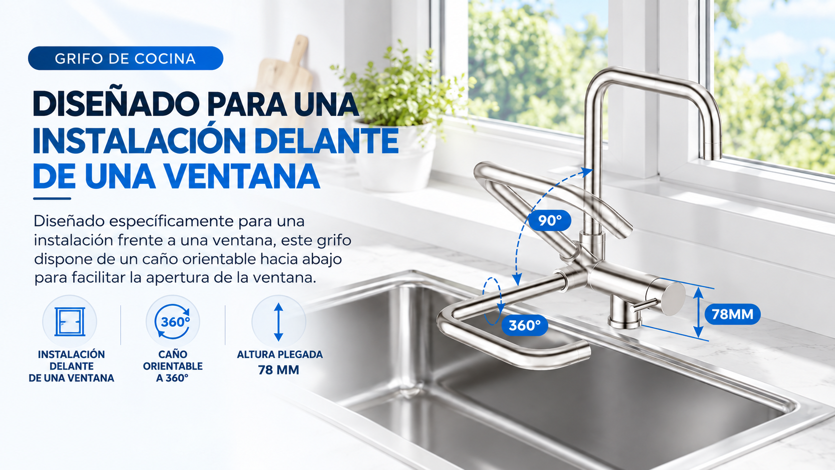 Grifo de cocina 3 vías bajo ventana abatible