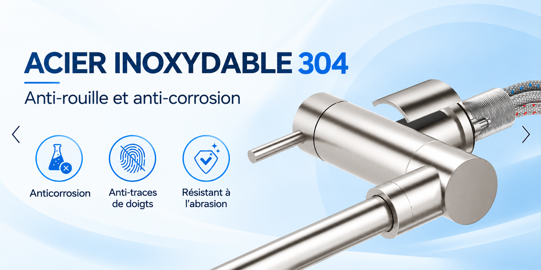 Robinet 3 voies en acier inoxydable 304 finition brossée