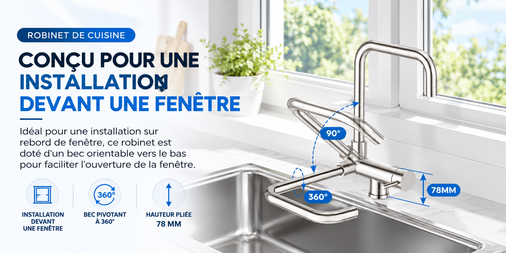 Robinet 3 voies rabattable installé devant une fenêtre