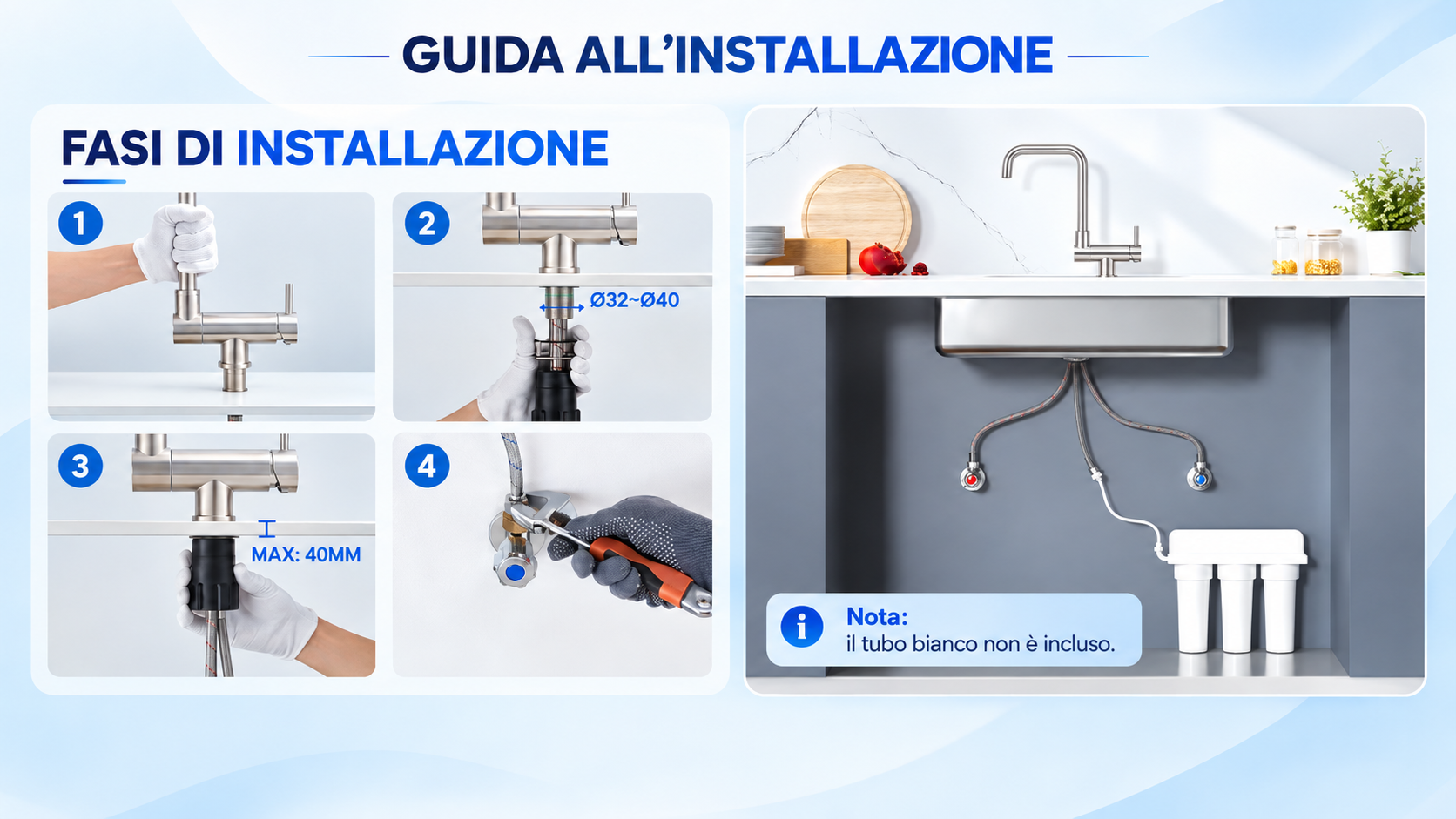 Installazione del rubinetto da cucina 3 vie sottofinestra