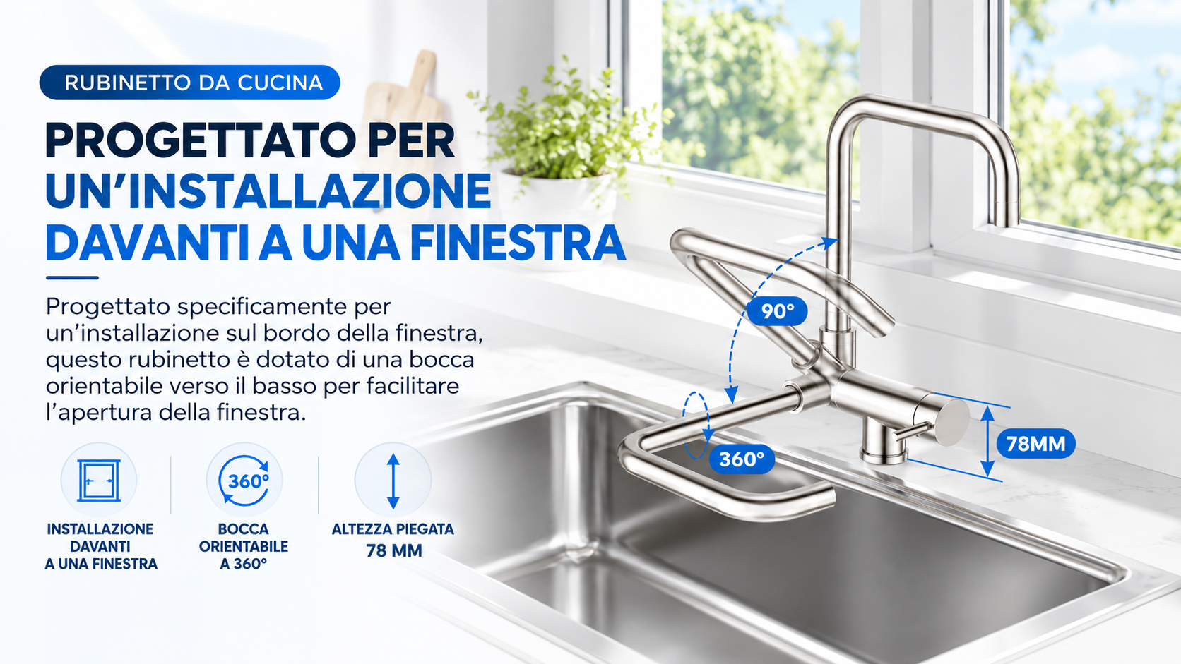 Rubinetto da cucina 3 vie sottofinestra abbattibile